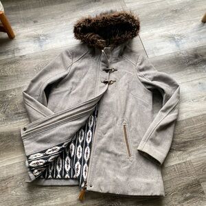 Gray Wool Winter Coat with Faux Fur Hood